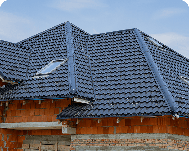 Building featuring sleek black roof tiles
